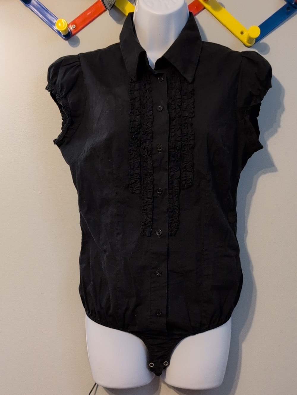 Black Ruffle-Front Sleeveless Button-Up Bodysuit